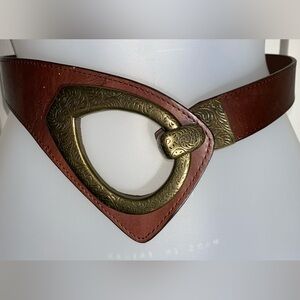 Coldwater Creek Brown Boho Leather Belt Bronze Tone Hook Buckle S / M  AA11